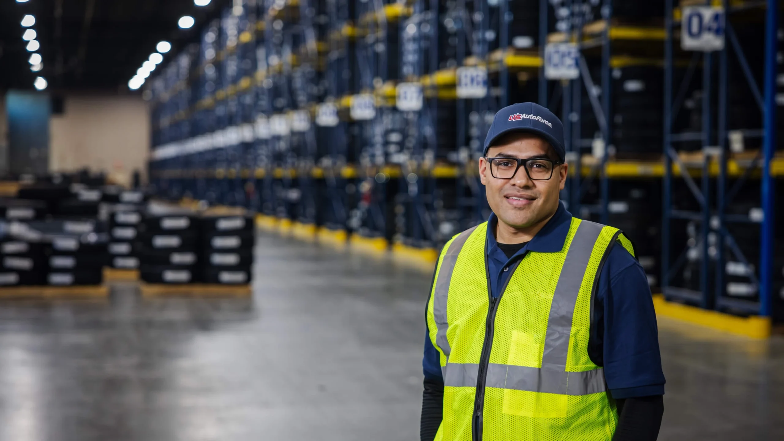 distribution center worker in yellow safety vest