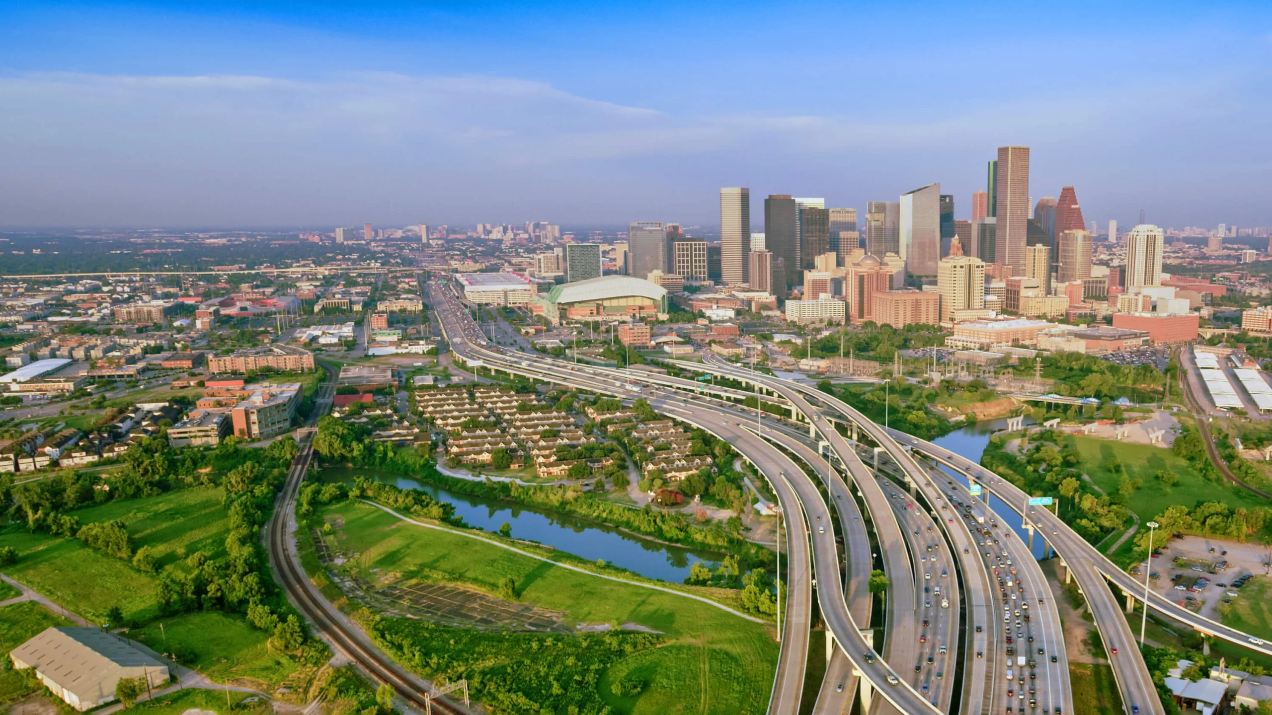 Urban aerial view showcasing city development and transportation