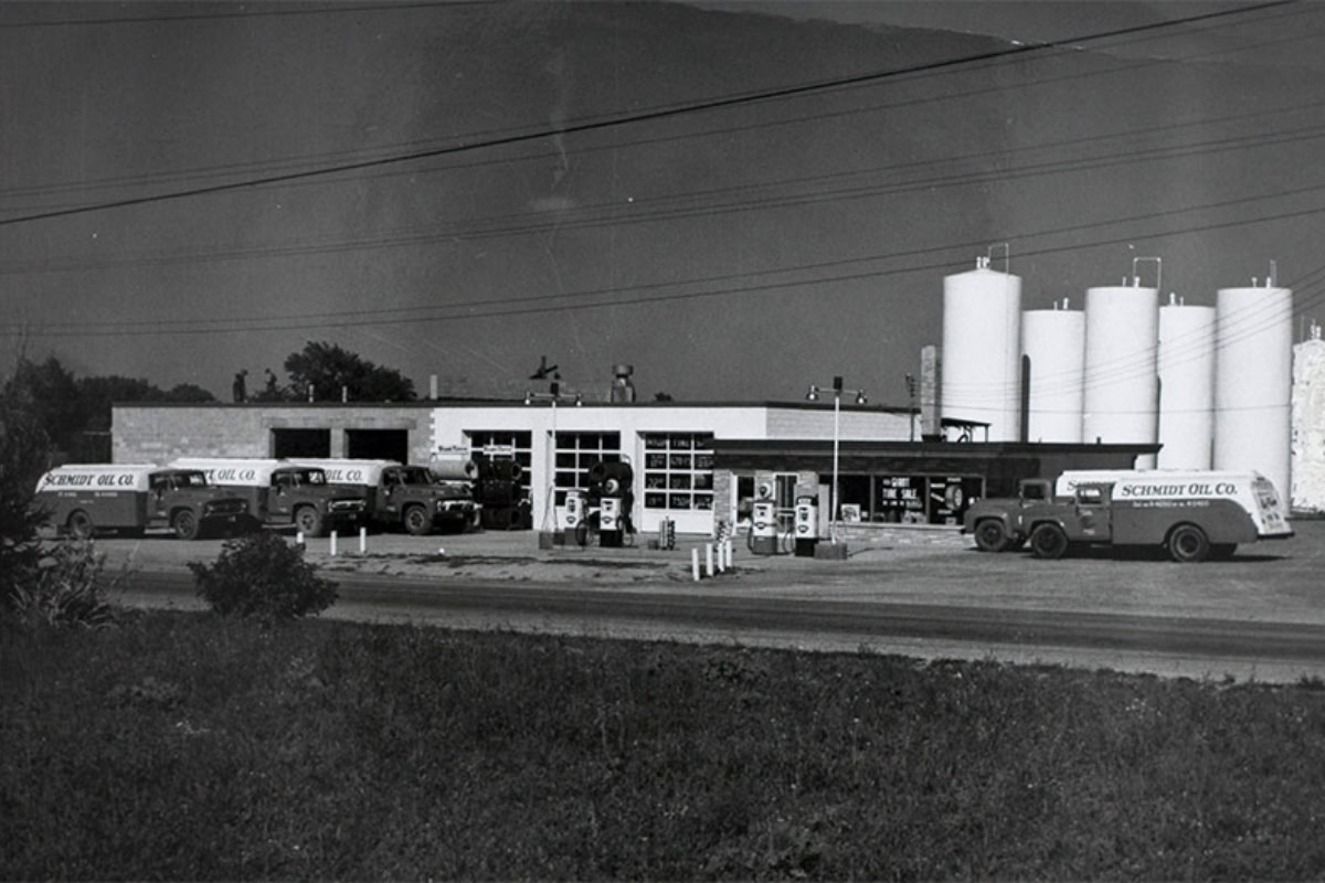 Old Schmidt Oil delivery truck outside of facility