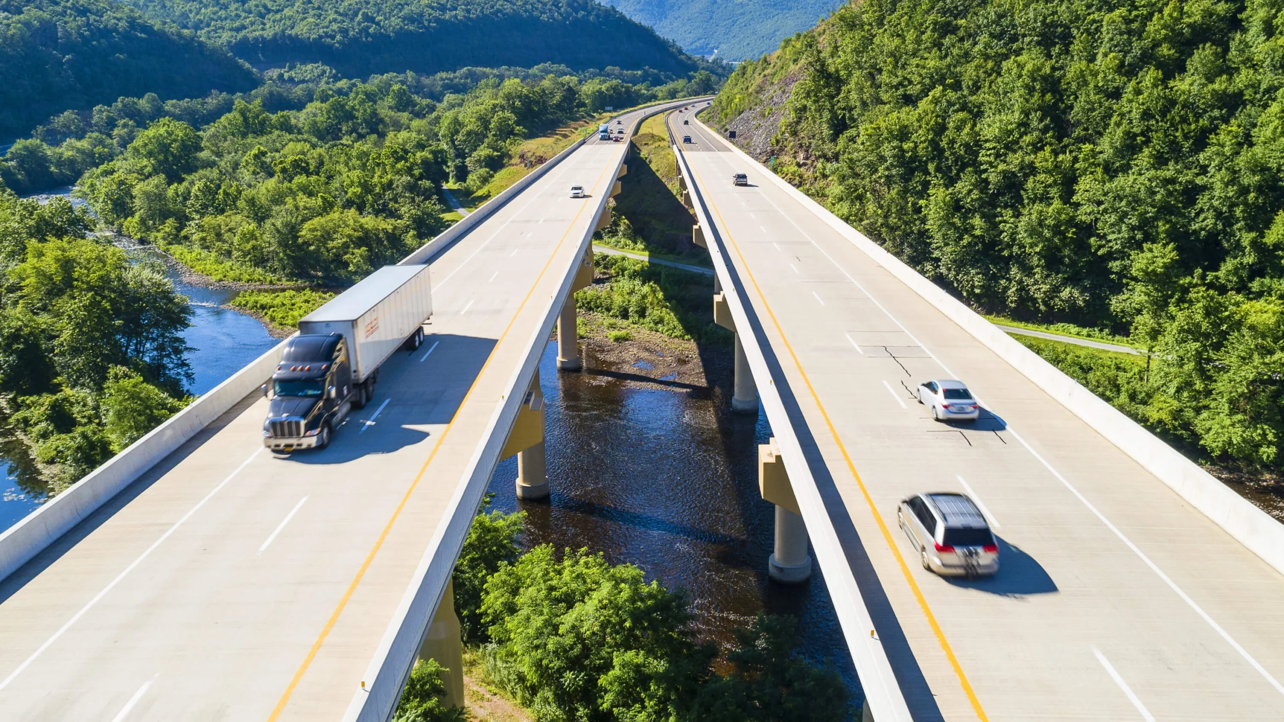 Elevated bridge going through forested landscape